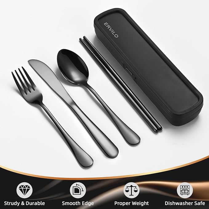 Travel Utensils with Case, Stainless Steel Camping Cutlery Set, Reinforced Case with Snap-Lock Closure, Include Fork Spoon Knife Chopsticks, Portable Lunch Box Silverware for Picnic Office, Black