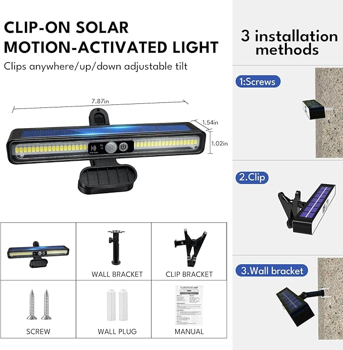 Clip On Solar Motion Lights Outdoor, 2 Pack 3 Modes Fence Lights Solar Powered, 36 LEDs 6500K Waterproof, Portable Security Light for Yard, Camping, Garage(Cold White)