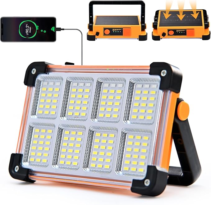 Rechargeable Flood Light - 10000LM LED Portable Work Light with Stand, 6600MAh Job Site Flashlight Spotlight for Car Repair,Camping, Emergency - Solar Hand Held Lamp IP66 Waterproof 4 Modes - Yellow