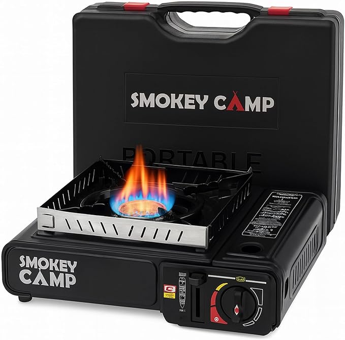Portable Camping Stove with Plastic Suitcase 3000W Butane or Propane Fuel Compatable (Propane Adapter not Included), Automatic Ignition, Precise Heat Control, for Camping, Hiking, and Outdoor Cookwing