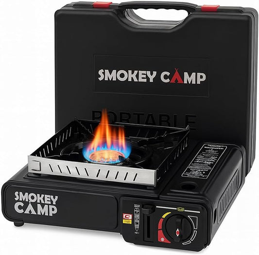 Portable Camping Stove with Plastic Suitcase 3000W Butane or Propane Fuel Compatable (Propane Adapter not Included), Automatic Ignition, Precise Heat Control, for Camping, Hiking, and Outdoor Cookwing