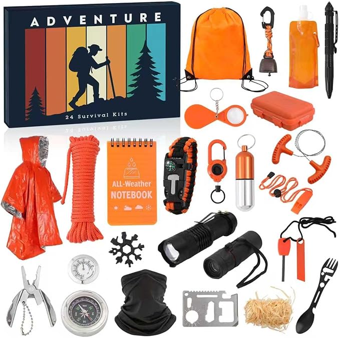 Survival Kit Advent Calendar 2025 for Men - 24 Days Christmas Countdown Calendar Emergency Survival Gears - Adventure Gift Box for Adult Teen - Xmas Holiday Surprise Gifts for Outdoor Enthusiasts
