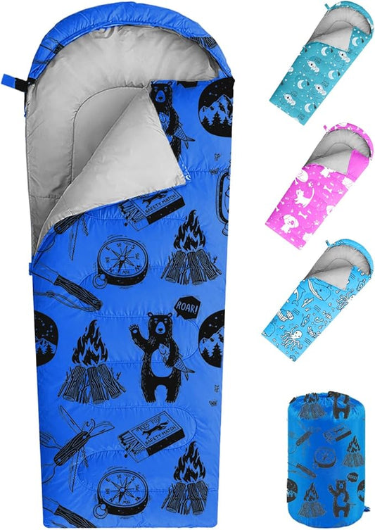 KidzAdventure Mummy Style 32 – 59F Kids Sleeping Bag with Pillow Sleeve, 4 Season, Lightweight and Backpacking Style, Ideal for Camping, Sleepover, Boys, Girls, and Youth