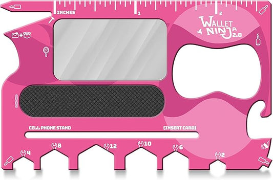 Wallet Ninja 2.0 (Advanced 20-in-1 Multitool, Now With Mirror + Nail File) (Pink)