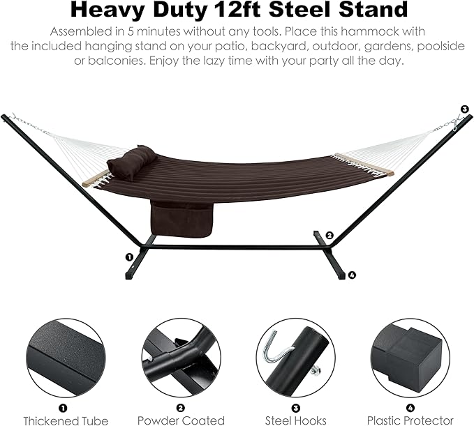 GAFETE 2 Person Hammock with Stand for Outside, Heavy Duty Steel Stand, Double 55inch Hammocks, Large Removable Pillow, Storage Bags, Max 475 lbs Capacity (Brown)