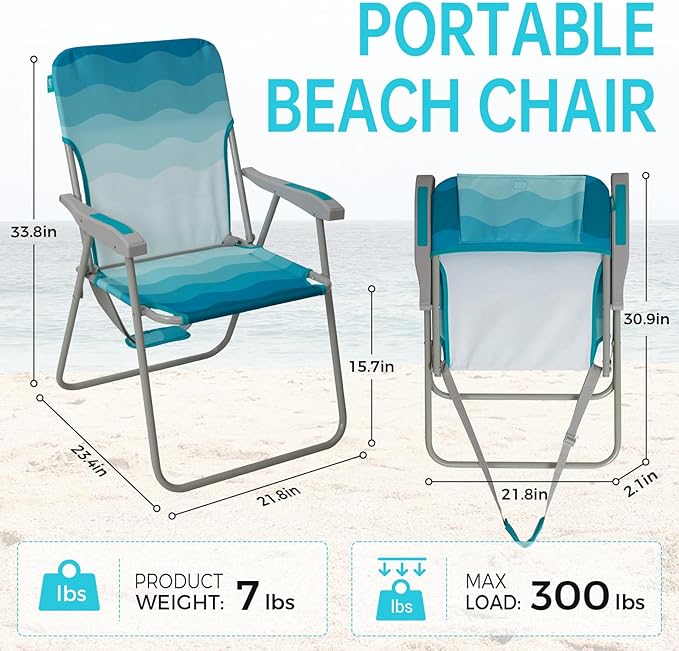 #WEJOY Folding Beach Chair for Adults, Lightweight Beach Chair with Shoulder Straps, High Back Camping Chairs with Hard Armrest, Supports 300lbs for Outdoor Lawn Concert