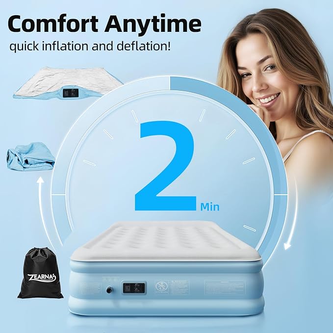 Zearna Air Mattress Queen with Built in Pump, Blow Up Mattress 18 Raised Comfort, Upgraded Surface Portable Air Bed with Pillow, Inflatable Mattress for Camping, Home and Guest, 650 lbs Max