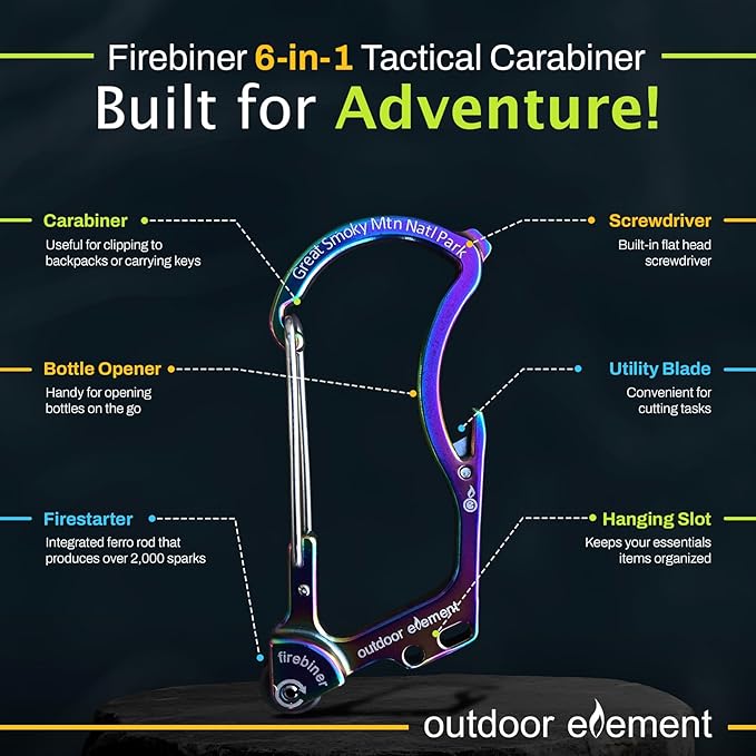 OUTDOOR ELEMENT Firebiner Custom Engraved 6-in-1 Fire Starter Carabiner Multitool – Survival Gear EDC Keychain with Utility Blade, Bottle Opener, Screwdriver, Emergency Tool