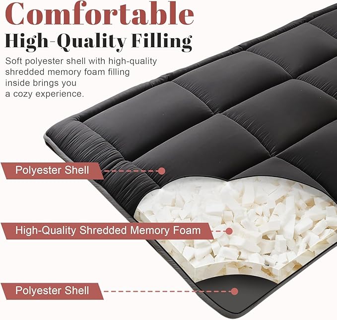 WhatsBedding Japanese Floor Mattress Futon Mattress 3" Black Tatami Mat Shredded Memory Foam Filled Sleeping Pad, Foldable & Portable Roll Up Lounger Camping Bed for Kids and Adult,Full Size 54"x 80"