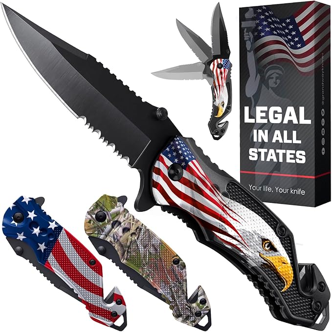 GOOD WORKER Legal Pocket Knife with 2.95” Serrated Blade, Glass Breaker, Seat Belt Cutter - EDC Sharp Folding Knives with Portable Clip - Small Tool for Tactical Camping Survival Hiking - Gifts for Men, Women