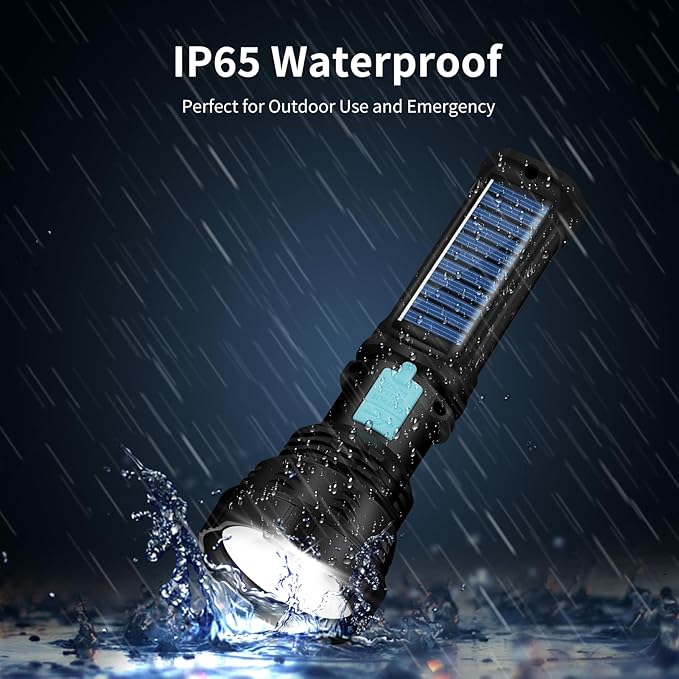 VOETIR Led Solar Flashlight, 1500 Lumens Led Solar Handheld Rechargeable Flashlights with IP65 Waterproof, 2000mAh Battery for Survival Emergencies Camping (2 Packs)