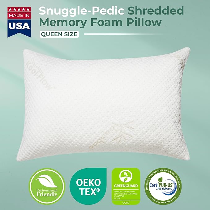 Snuggle-Pedic Shredded Memory Foam Pillow - The Original Cool Pillows for Side, Stomach & Back Sleepers - Sleep Support That Keeps Shape - College Dorm Room Essentials for Girls and Guys - Queen