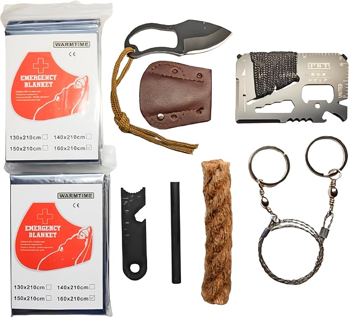 Emergency Survival Kit – 9-in-1 Fire Starter Set with Ferro Rod, Wax Rope, Wire Saw, Multi Tool Card, Knife & 2 Thermal Blankets – for Camping, Hiking, Car, Bug Out Bag