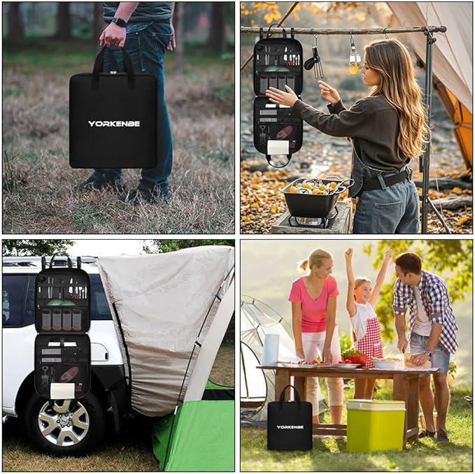 Large Camp Kitchen Organizer, High Capacity Camping Cooking Utensils Bag, with Paper Towel Holder, Multi-pocket Waterproof Camping Utensils Holder for BBQ Outdoor Cooking Essentials