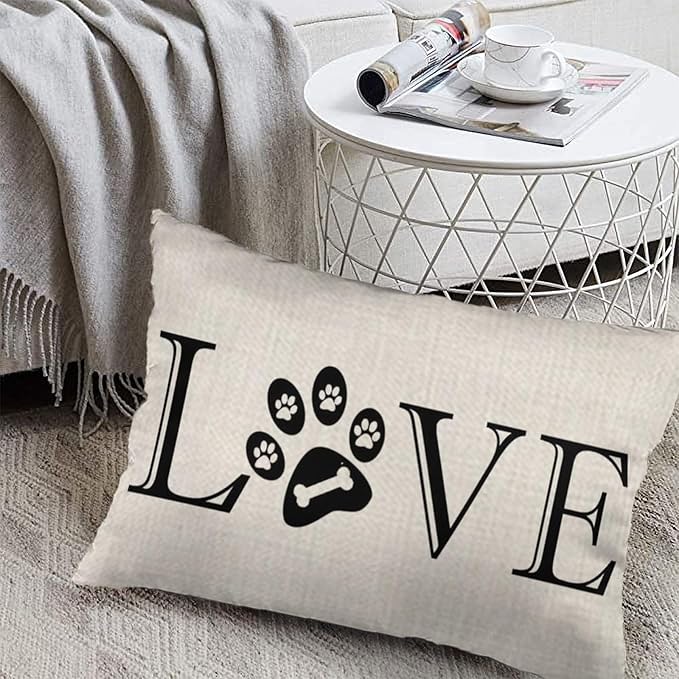 ITFRO Great Pet Dog Lover Gift with Words Love Paw Prints Bone Lumbar Sofa Decorative Beige Cotton Linen Throw Pillow Case Cushion Cover Oblong 12x20 Inches (Print)