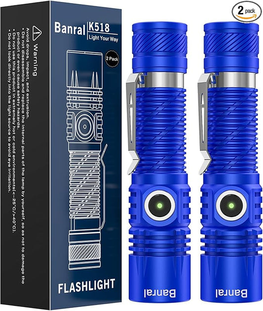 Banral Rechargeable Tactical Flashlights, High Lumens Small Mini USB-C LED Flashlight, Compact EDC Flash Light, 4 Modes&Memory Function, Waterproof Pocket Lights for Home,Camping,Emergency (2, Blue)