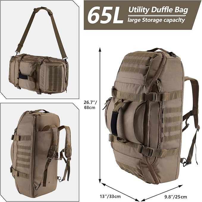 Hannibal Tactical 65L Large Duffle Bag, 3-in-1 Tactical Backpack MOLLE Pack for Sports, Gym, Outdoor, Coyote