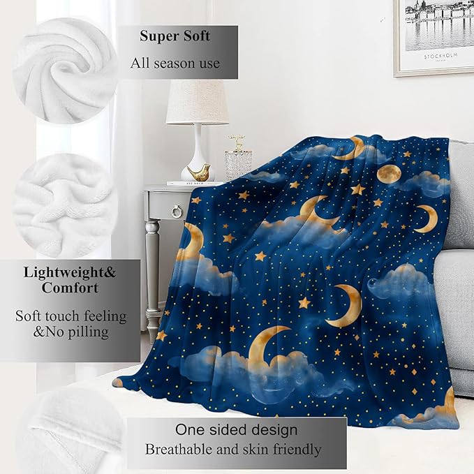 Moon Cloud Stars Blanket Dreamy Night Sky Throw Blankets Gifts for Girls Boys Adults Lightweight Soft Fleece Cozy for Sofa Couch Bed Room Travel Birthday Party Decor 50x60in