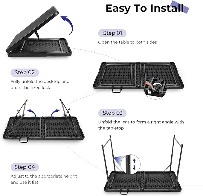 Byliable Folding Table 4 Foot Portable Heavy Duty Plastic Fold-in-Half Utility Table Small Indoor Outdoor Adjustable Height Folding with Carrying Handle, Camping and Party, Black