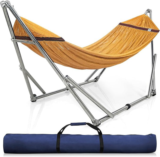 Tranquillo Adjustable Portable Hammock with Stand, Collapsible Camping Hammock, 650 lbs Capacity 2 Person Hammock with Stand, 30 Seconds Assembly Foldable Hammock Travel, Yellow