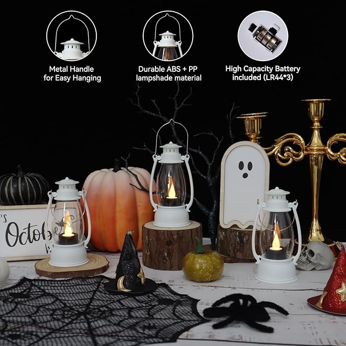 White Mini Lanterns Decorative 6-Pcs for Wedding & Ramadan, Eid, Small Elegant Lantern with LED Light for Western Cowboy Parties, Camping Baby Shower Birthday Party, Centerpiece Table