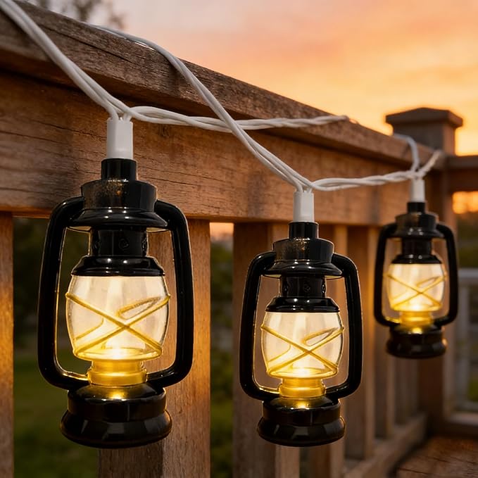 8.5Ft Black Mini Kerosene String Lights, Vintage Fairy Decorative Lights with 10 Warm White LED Lights, Connectable Outdoor Lantern for Bedroom Camping Wedding Garden Holiday