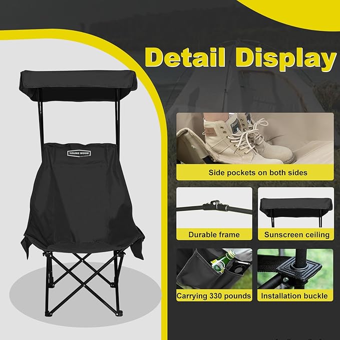 YOUNG WOOD Camping Chair with Shade Canopy, Beach Chair, Portable Fold Lightweight Oversized for All, Easy to Open and Close Without Installation, Side Pocket Design for All Outdoor Activities