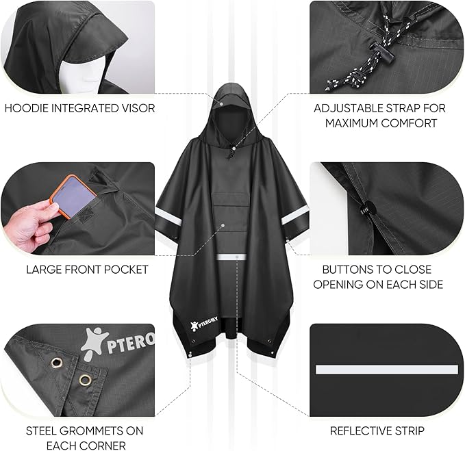 PTEROMY 3-in-1 Hooded Rain Poncho for Adult with Pocket, Waterproof Lightweight Unisex Raincoat for Hiking Camping Emergency