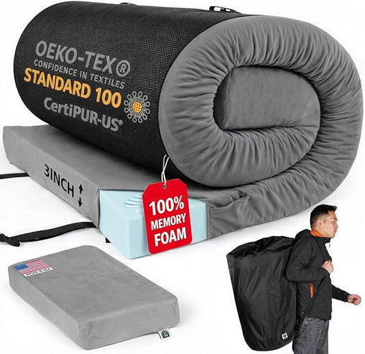 100% Pure Roll Up Memory Foam Camping Mattress with Waterproof Cover & Phone Pocket – Portable 3inch CertiPUR-US Sleeping Pad with Travel Bag for Camping, Car, Tent, SUV, Pets, Guest Bed