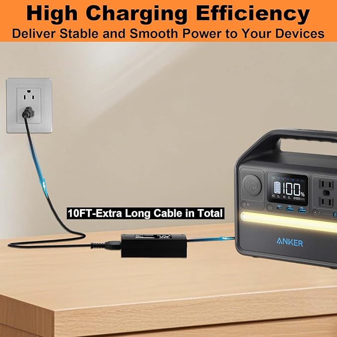 65W Power Adapter with 65W Car Charger for Anker Portable Power Station A1720, Anker 521/523/533, A1730/A1731, Powerhouse II 300 (256Wh/288Wh/389Wh), and 300W/200W Solar Power Station