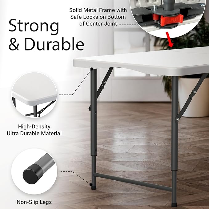 10 Pack of 4 Feet Foldable Table with Built in Handle & Steel Legs | Heavy Duty Portable | Perfect for Party, Dining, Wedding, Events, Picnic Indoor, Outdoor, Camping, Utility, Temporary
