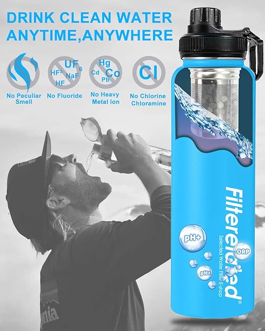 Filterelated 30oz Stainless Steel Portable Alkaline Filter Water Bottle, Creates Up To 9+ Ph Of Quality Water, Sports Travel Water Bottle, Removes Water Impurities