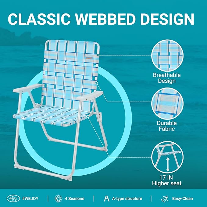 #WEJOY Folding Beach Chair for Adults, Lightweight Beach Chair with Shoulder Straps, High Back Camping Chairs with Hard Armrest, Supports 300lbs for Outdoor Lawn Concert