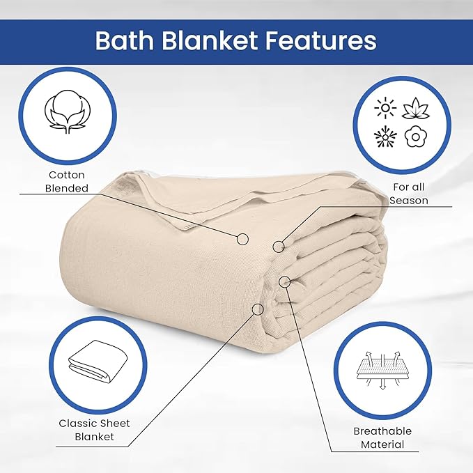 Linteum Textile Cotton Blended Hospital Patient Bath Blanket, Bed Bath Sheet, Twin Blanket Lightweight Thermal Utility Blankets (2-Pack, 70x90 in, 1.4 lb.) Unbleached
