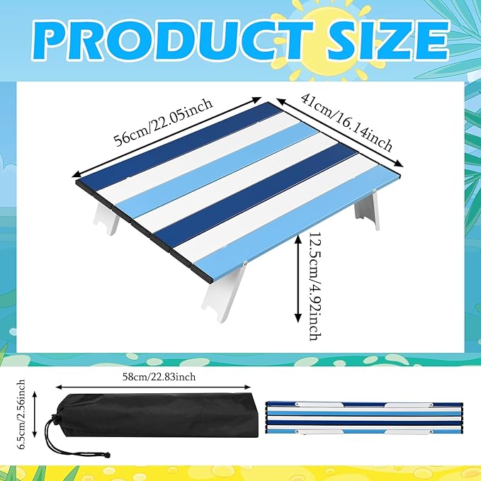 CroBlissful Beach Table Folding Camping Portable Table Striped White Aluminum Side with Carry Bag for Camping Picnics and Outdoor Activities(22x16x5 in,Navy Blue)