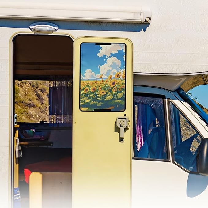 RV Door Window Shade Cover, Sunflower RV Door Window UV Protective Cover, Travel Trailer Motorhome Rv Screen Door Protector, RV Accessories