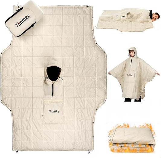 Camping Blanket with Zipper Pocket, 85'' x 61'' Large Wearable Hooded Blanket, Ultralight Warm Sleeping Bag, Windproof Camping Poncho for Outdoor Stadium Sports Gaming Hiking Picnic Concerts