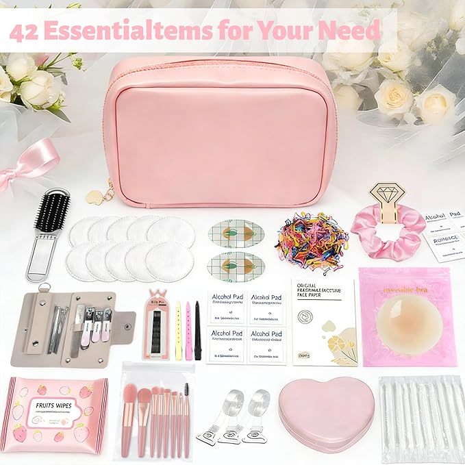Women's Wedding Emergency Kit for Bride Wedding Survival Set with Makeup Bag, 42 Pc Wedding Daily Travel Essential Items