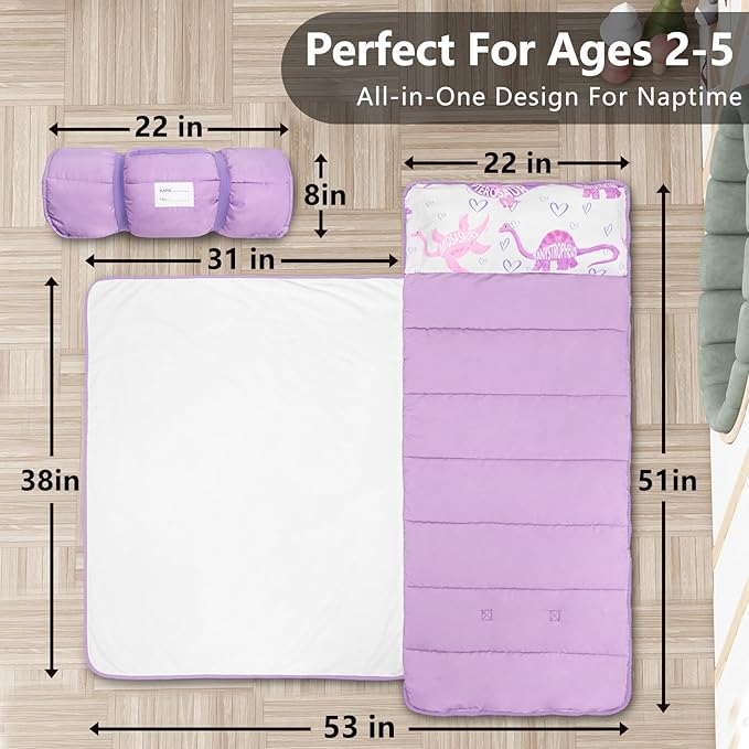 Primlect Lightweight Toddler Nap Mat, Portable Rolled Design Perfect for Daycare Travel, 51”x31 All-in-One Sleeping Bag with Removable Pillow and Fleece Blanket for Boys Girls, Machine Washable