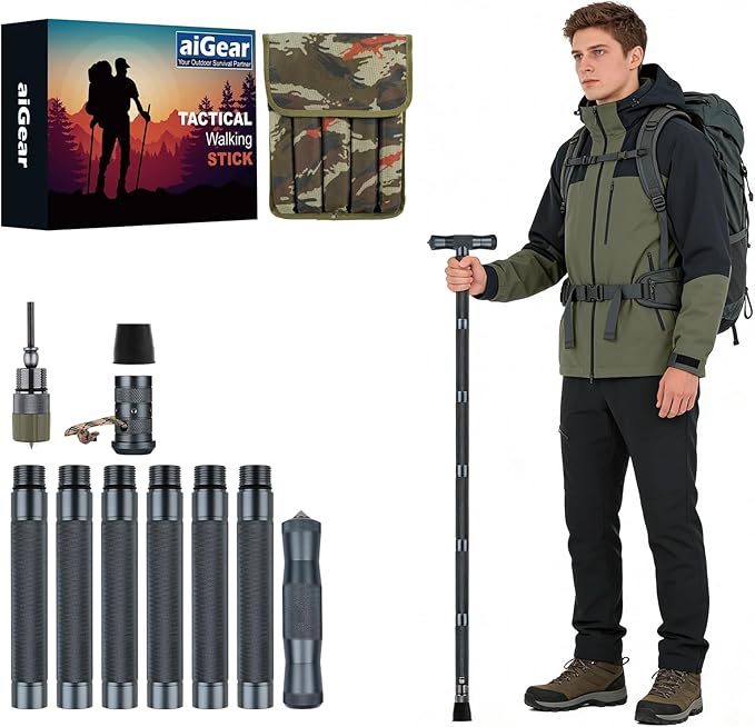 aiGear H3 Tactical Survival Walking Stick, Outdoor Hiking Staff Multitool Gear Adjustable Trekking Poles for Camping Hiking Survival 6-8 Tubes（with Multitool）