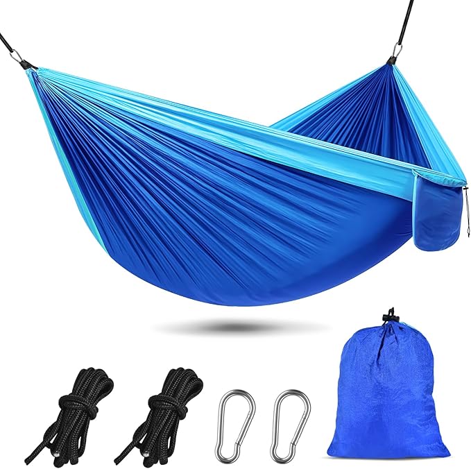 OBTANIM Camping Hammock 500lbs Portable Lightweight Single or Double Hammock with Tree Straps and Carry Bag for Camping Backpacking Hiking Travel Beach Outdoor Indoor (Blue and Dark Blue)