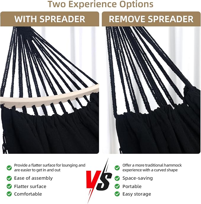 Portable Hammock, Hanging Hammock with Tassels and Fishtail Knitting, 320GSM Hanging Bed with Set Full Accessories for Outdoor Camping Patio Balcony Black