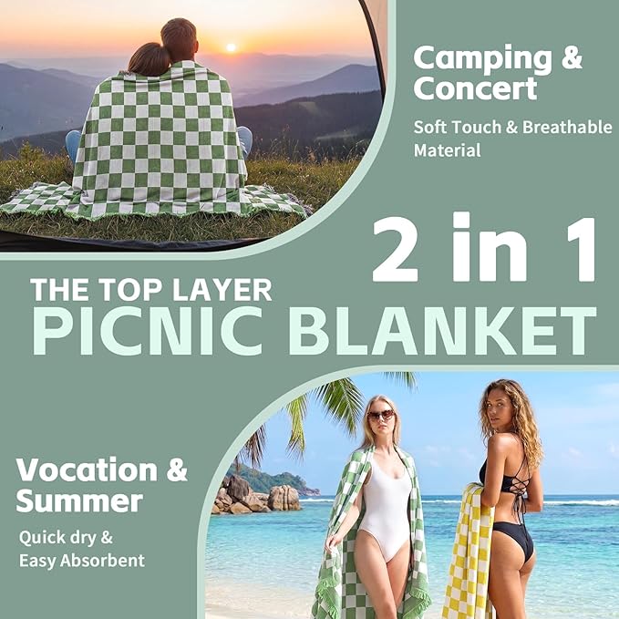 2 in 1 Extra Large Outdoor Picnic Mat Woven Summer Throw Blanket Boho Giant Beach Travel Essential Yoga Accessories Park Patio Lawn Garden Grass Ground Play Music Festival Concert Must Have