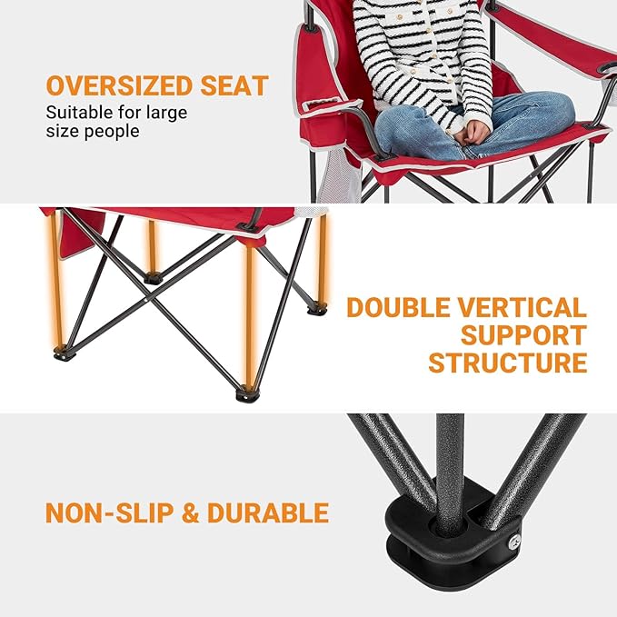 KingCamp 2pack Red Oversized Camping Chair with Cup Holder & 3 Storage Pockets - Heavy-Duty 360lbs Capacity Folding Lawn Chair, Portable Compact Foldable Outdoor Chair for Camping, Fishing, BBQ