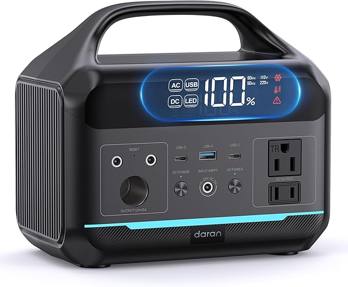 DARAN Portable Power Station 300W(600W Peak), 192Wh(60000mAh) LFP Battery, Solar Generator w/2 AC Outlets, USB-C PD 60W, LED Light, Power Bank for Camping, RV, Travel, Home Emergency(Solar Optional)
