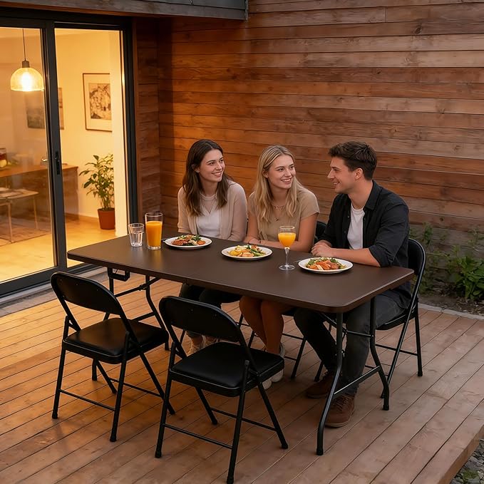 6ft Folding Table, Foldable Picnic Table Portable Table for Indoor Outdoor Use Heavy Duty Plastic Table Camping Table with Carry Handle for Party, BBQ, Brown
