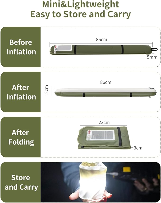 Inflatable Solar Camping Lantern Rechargeable LED Tube Light Portable Foldable Camping Hanging Tent Lights with 4 Lighting Modes, IP66 Waterproof Lightweight for Outdoor Hiking Travelling Emergency