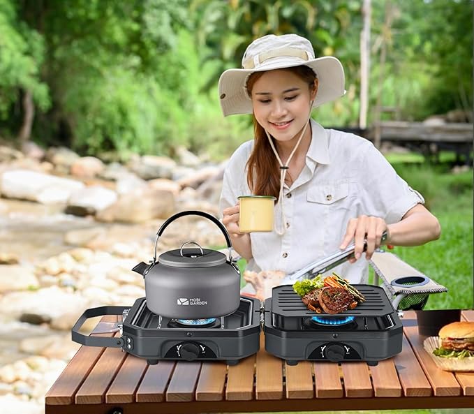 Nice C Camping Stove, Portable Camping Stove Propane, 2 Burner Propane Gas Stove, Mini Propane Grill, 16000 BTU Camp Stove with 2 Burner, Grill & Carry Bag for Camping