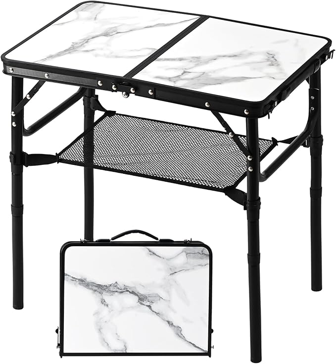 YUFIFAIRY Small Folding Camping Table, 2ft Portable Table with 3 Adjustable Heights, Aluminum Lightweight Foldable Picnic Table with Mesh Layer and Extension Legs for RV, Camp and Indoor (Black Frame)