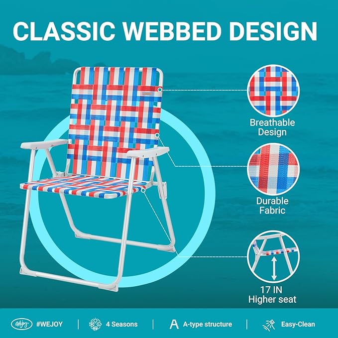 #WEJOY Folding Beach Chair for Adults, Lightweight Beach Chair with Shoulder Straps, High Back Camping Chairs with Hard Armrest, Supports 300lbs for Outdoor Lawn Concert